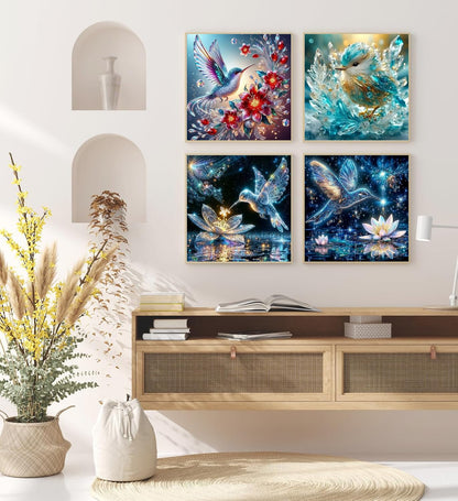 CEUHROG 4Pack Hummingbird Diamond Art Kits for Adults,DIY Bird Diamond Painting Kits Round Diamond Dots for Adults,5D Full Drill Painting Kit Art and Crafts for Adult Home Wall Decor14X14inch