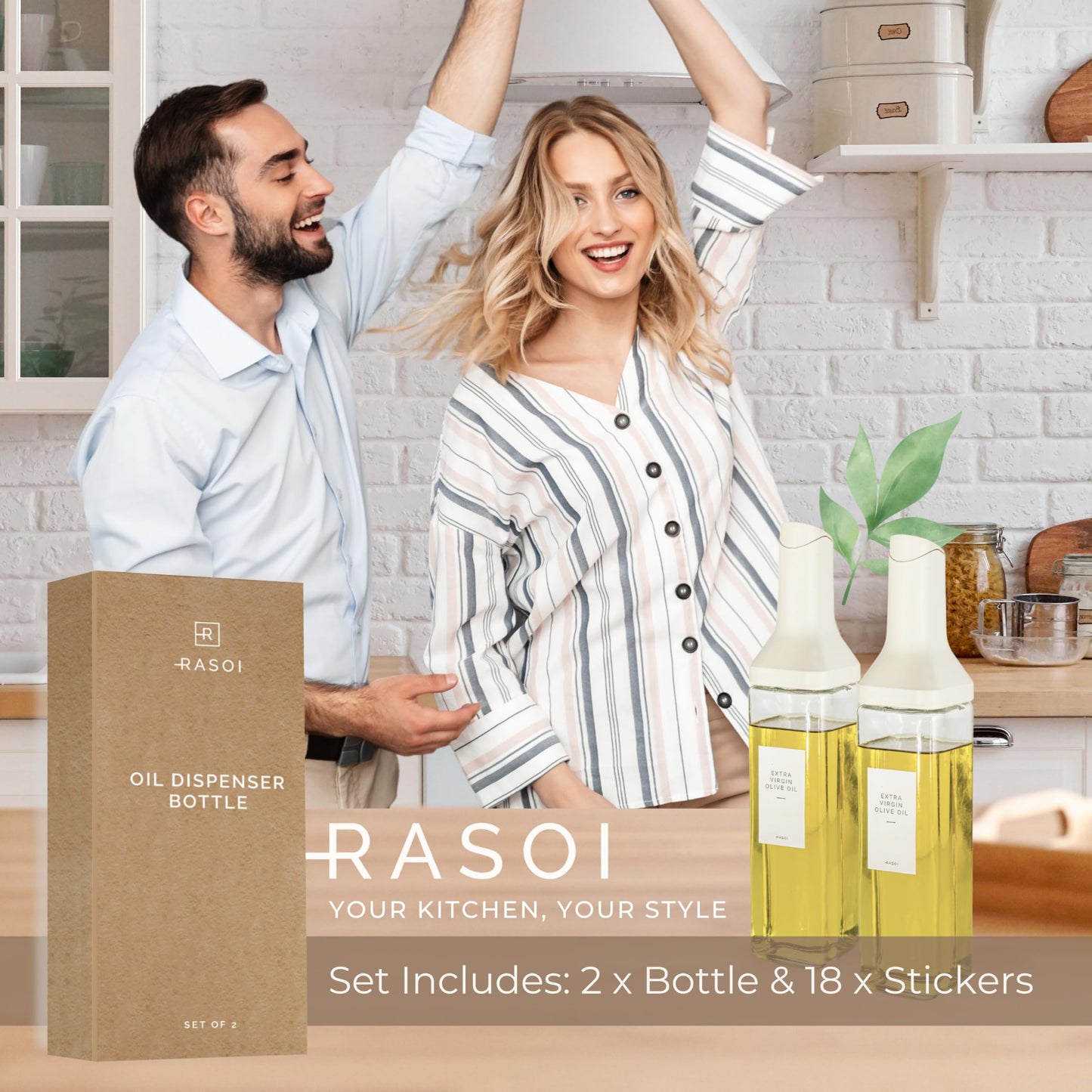RASOI Oil Dispenser Bottle – Set of 2 17oz/500ml Oil and Vinegar Dispenser - Drip-Free Spout Glass Oil Dispenser – Kitchen Oil Dispenser with Automatic Pouring Lid - Olive Oil Bottle for Cooking