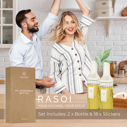 RASOI Oil Dispenser Bottle – Set of 2 17oz/500ml Oil and Vinegar Dispenser - Drip-Free Spout Glass Oil Dispenser – Kitchen Oil Dispenser with Automatic Pouring Lid - Olive Oil Bottle for Cooking