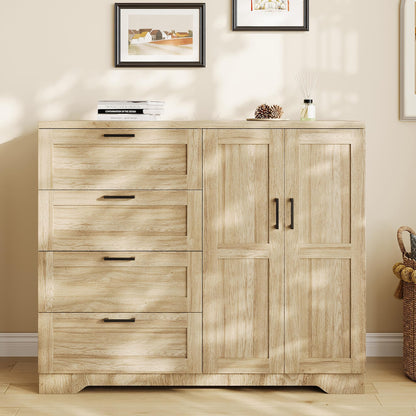 GarveeHome Multifunctional Wooden Dresser for Bedroom, 43.3 in H 2 Door Wardrobe Armoire Closet with 4 Drawers and Hanging Rod, Low Storage Cabinet for Hanging Cloth, Natural Oak