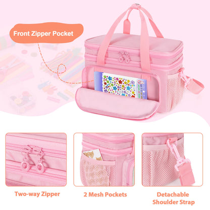 GRAOSO Double Layer Sewing Organizer for Crafts Sewing Supplies, Crafts Accessories Bag, Portable Sewing Box with Handle and Detachable Shoulder Strap, Rainbow Sequins Design, Pink (Case Only)