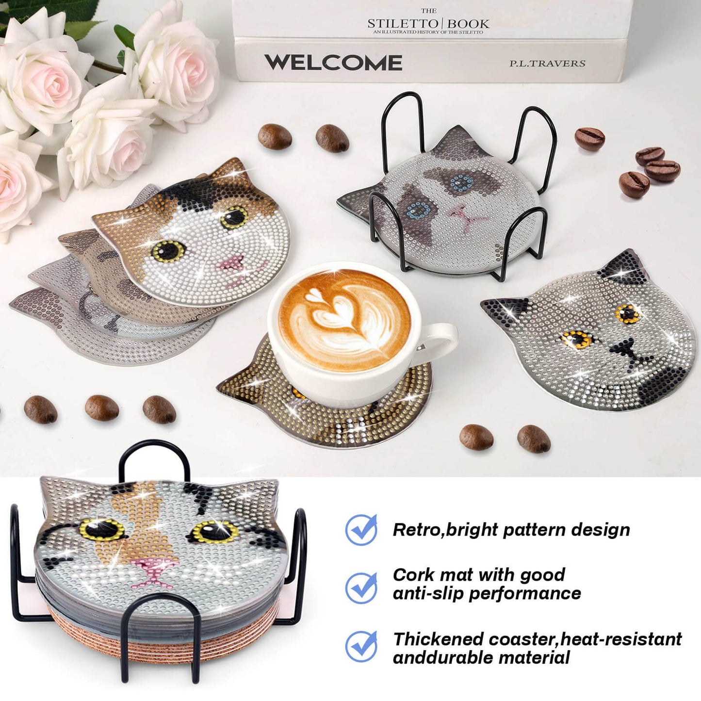 Billbotk 8 Pieces Diamond Painting Coasters Kit with Holder, Diamond Art Coasters, DIY Diamond Art Crafts Projects, Diamond Dot Kits for Adults and Beginners(Cat Style)
