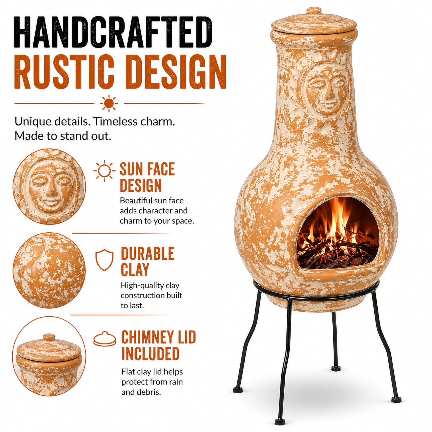 Outdoor Clay Chiminea Fireplace Sun Design Wood Burning Fire Pit with Sturdy Metal Stand, Barbecue, Cocktail Party, Cozy Nights Fire Pit (Beige)