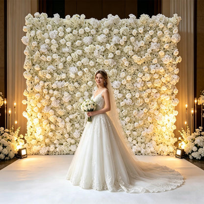 5D Artificial Silk Rose Flower Wall Backdrop, Exquisite White Floral Wall, 8×8 Ft, Quick Installation & Easy Storage, Reusable, Suitable for Weddings, Birthday Parties and Home Decor, Without Stand.