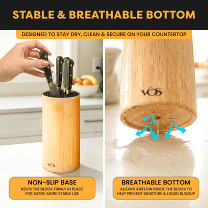 Vos Universal Knife Block - Countertop Knife Block Without Knives - Knife Holder with Non-Slip Base Sturdy Knife Organizer - Space Saving Knife Stand, Sleek & Modern Knife Rack - Bamboo