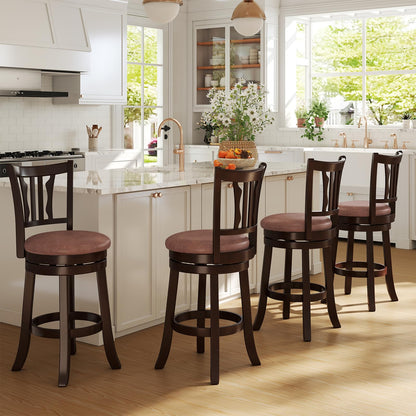 COSTWAY 26" Counter Height Stools Set of 4, Swivel High-Top Chairs with Backrest & Faux Leather Padded Seat, Rubber Wood Counter Barstools with Footrest for Kitchen, Dining Room, Pub (4,26'')