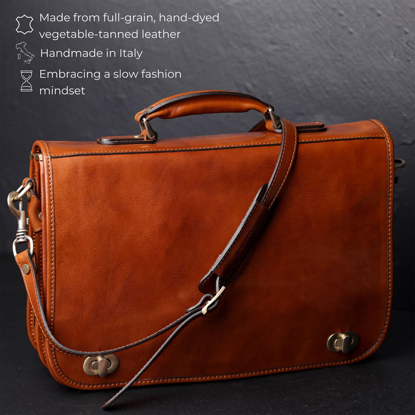 Time Resistance Leather Briefcase for Men - Italian Full Grain Leather Laptop Bag - Messenger Bag - Gift Box Included