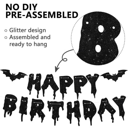 RICHHHA Glitter Black Glitter Happy Birthday Halloween Banner- NO DIY - Halloween Hanging Paper Garland Bunting Banner Decorations, Party Supplies for Kids Boy Girl Birthday