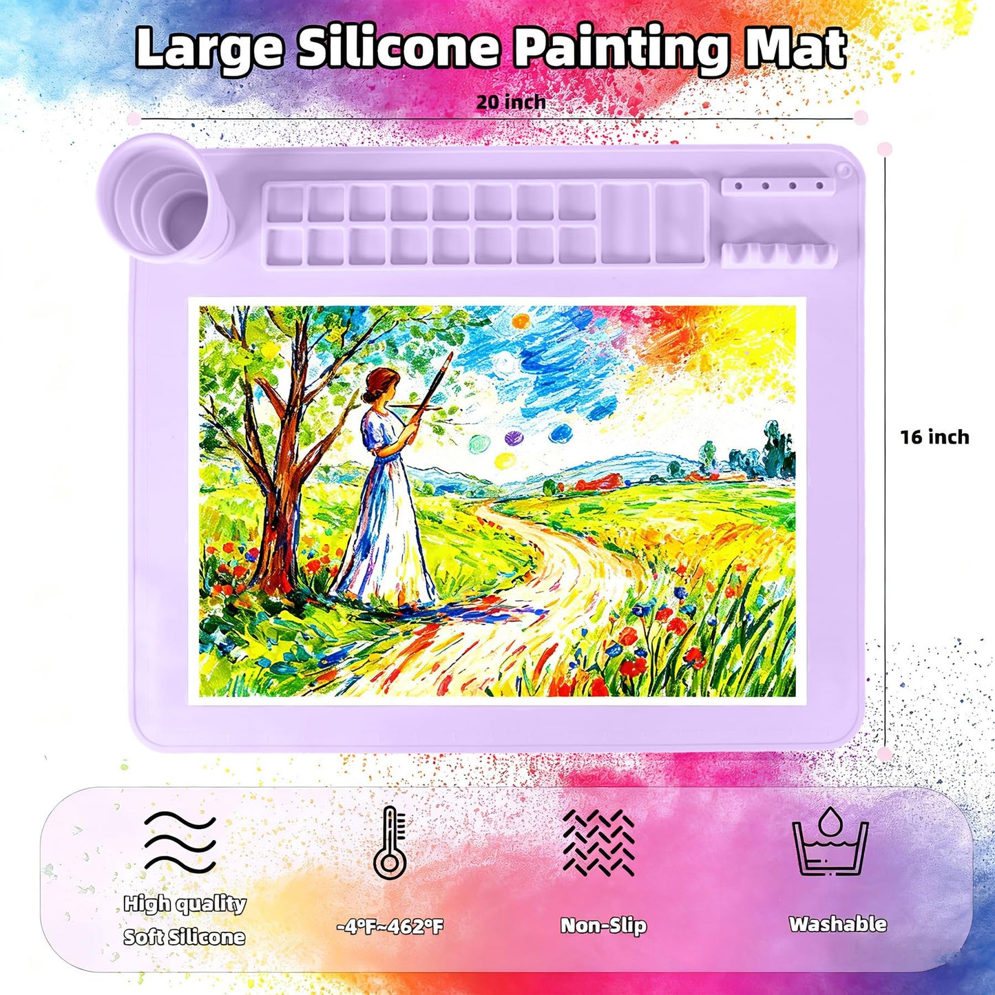 YESCOO Silicone Painting Mat, 20"X16" Craft Mat,Large Art Mat with Built in Cup and Paintbrush Holder, Nonslip Clay Mats, Color Dividers Silicone Mats for Painting, Table, Resin and DIY Purple