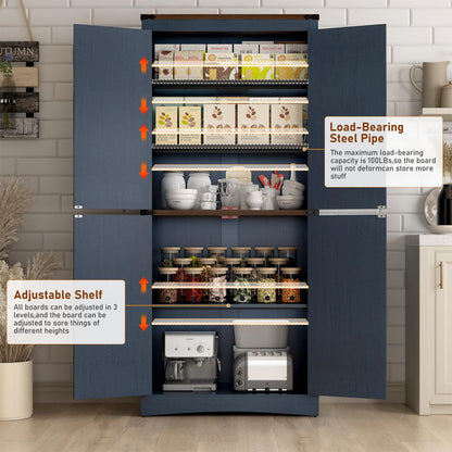 Hlivelood 71" Tall Kitchen Pantry,Farmhouse Storage Cabinet with Adjustable Shelves,Load-Bearing Steel Pipe,Farmhouse Pantry Cabinet with 4 Barn Doors,for Kitchen,Dining Room,Living Room(Blue)