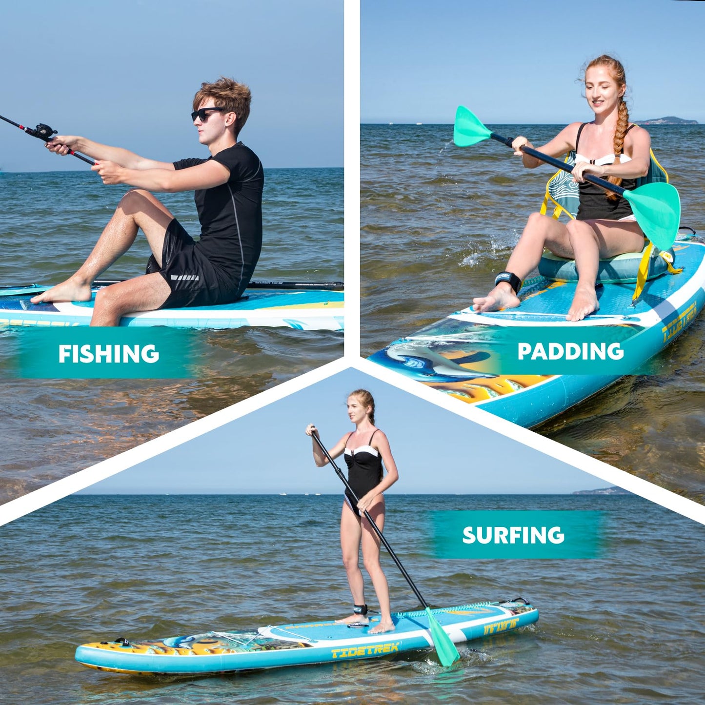 TIDETREK 11'/11'6" x 33"/34" x 6" Inflatable SUP Paddle Board – Extra-Wide, Stable Stand Up Paddle Board with Premium Full Accessory Set for Adults & Youth (Azure Leap/Kayak Seat, 11'6"x33"x6")
