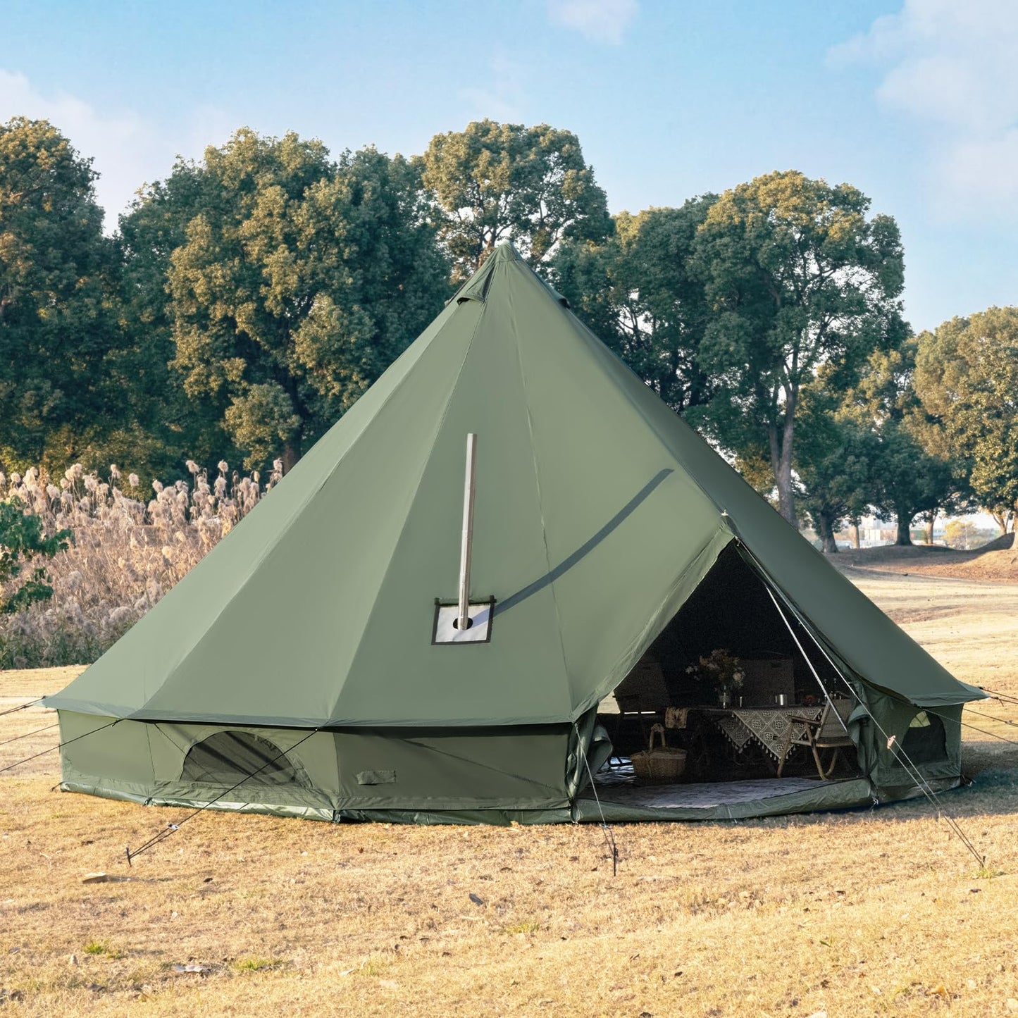 WaldZimmer Canvas Bell Tent 19.7ft Green with Stove Jack and Zipped Removable Floor, Luxury Outdoor Glamping Yurt Cotton Tent for Family Truck Car Camping Hunting Party