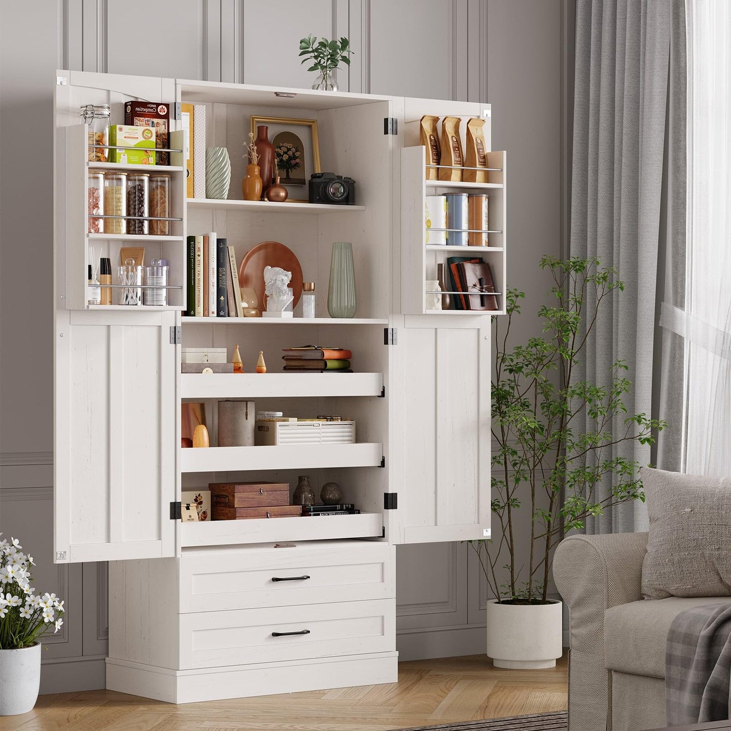 ONBRILL 71" Tall Farmhouse Kitchen Pantry Cabinet with 3 Pull Out Shelves & 2 Large Drawers, Pantry Storage Cabinet with 6 Door Shelf & Adjustable Shelf, Freestanding Cupboard for Kitchen, Dining Room