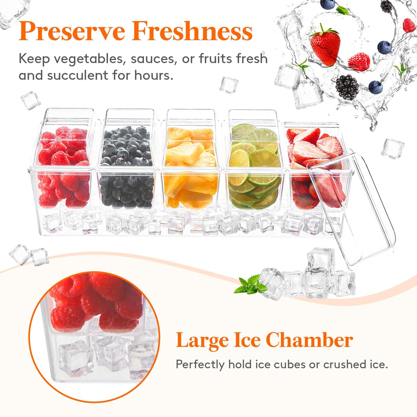 Lifewit Ice Chilled Condiment Caddy with 5x 20 oz Containers, Condiment Server with Lid & Metal Accessories, Serving Tray Platter with Removable Dishes for Bar, Fruit, Salad, Taco, Party Garnish
