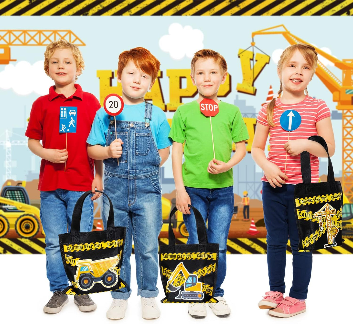 Photect 24 Pieces Construction Party Favors Bags, Non Woven Tote Bags for Birthday Party Supplies, Truck Treat Bags