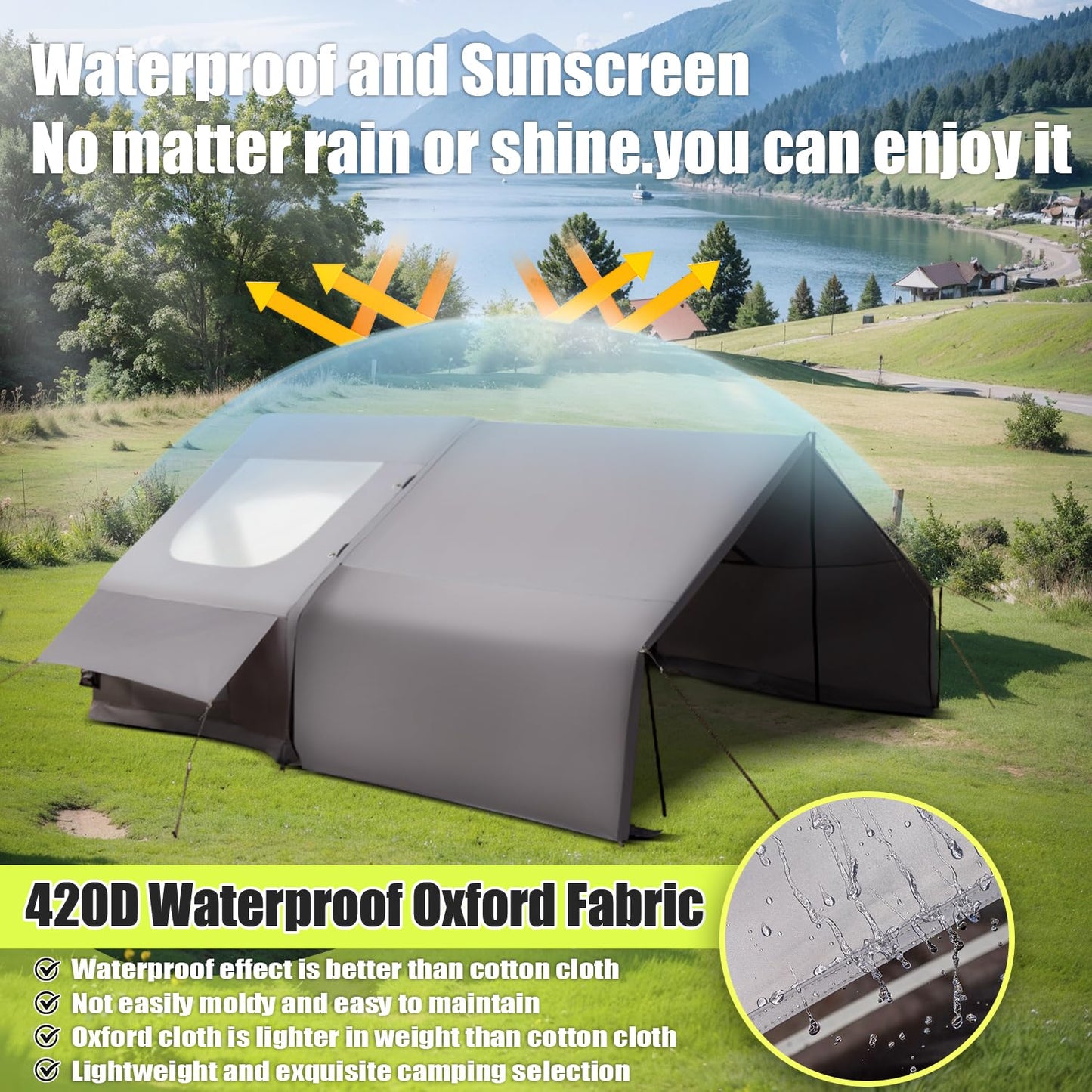 Inflatable Camping Tent Tarps for 4-6 Person, with Electric Air Pump, Extended Canopy, 4 Season Waterproof Windproof, Clear Skylight & 420D Oxford Waterproof, Air Tent with Mesh Windows/Doors