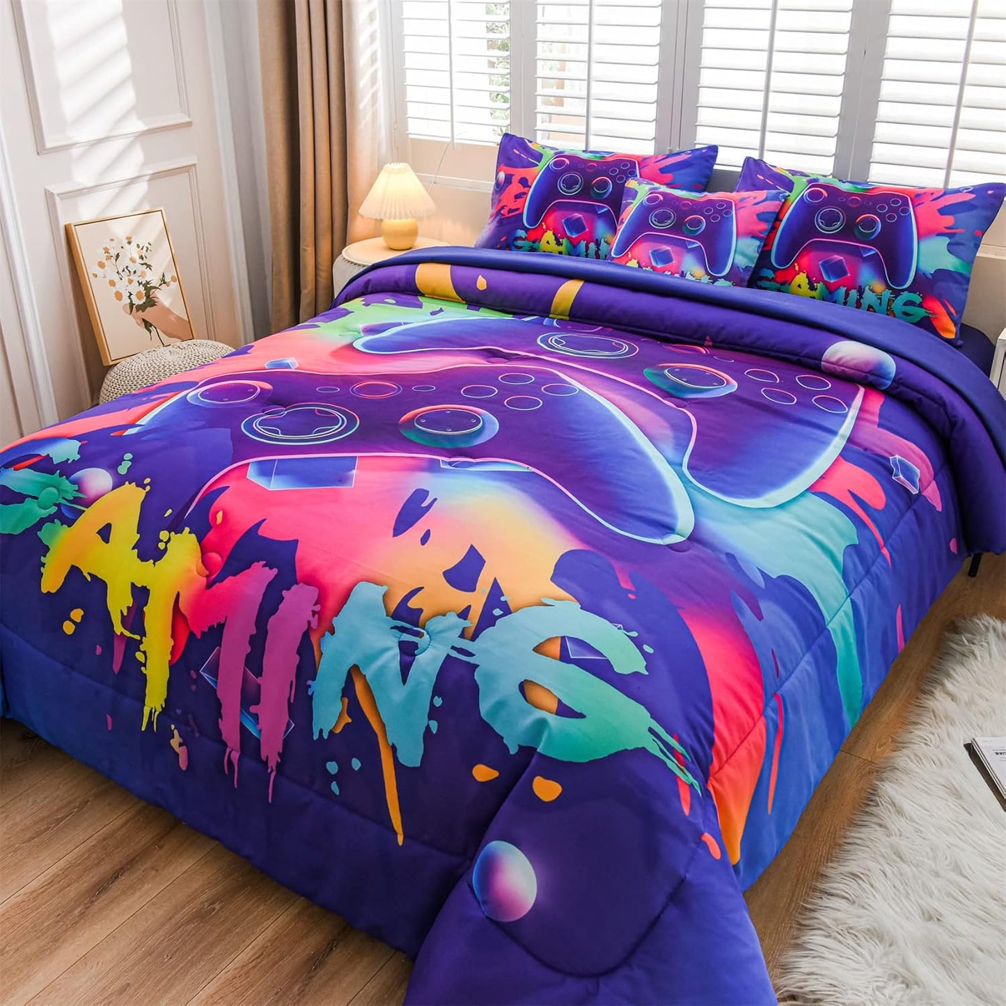 Aimuan Gaming Comforter Sets for Boys Kids Bedding Sets, Video Games Console Action Buttons, Twin 6 Pcs, Purple