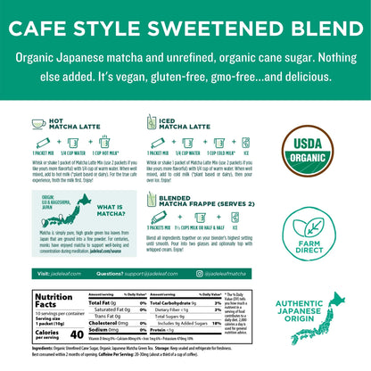 Jade Leaf Matcha Organic Matcha Latte Mix - Lightly Sweet Premium Barista Crafted Matcha Powder Stickpacks - Japanese Matcha Powder - 0.35 Ounce (Pack of 100)