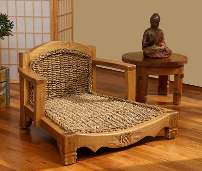 Harmony In Design Raja Meditation Chair, Handcrafted Wooden Frame with Floral Carving, Back Support,