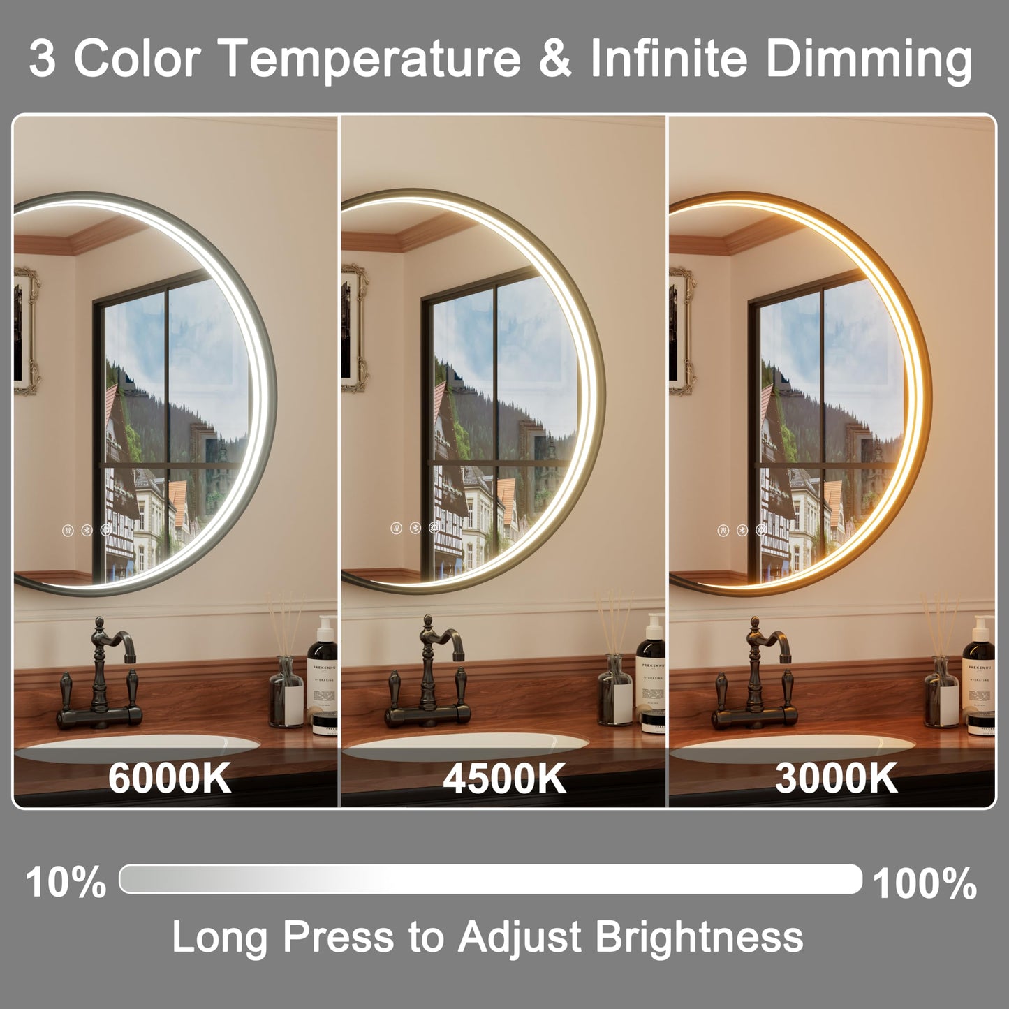 JSneijder 36 Inch Bluetooth Bathroom Mirror with LED Lights, Black Frame Round Vanity Mirror with Lights and Bluetooth, Anti-Fog, Dimmable, 3000K/4500K/6000K, CRI 90+,Memory Function