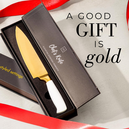 STYLED SETTINGS White and Gold Knife – Stainless Steel Chef Knife with Gold Titanium Coating, Precision German Stainless Steel Blade – Luxury Kitchen Accessories - Ideal Cooking Gift