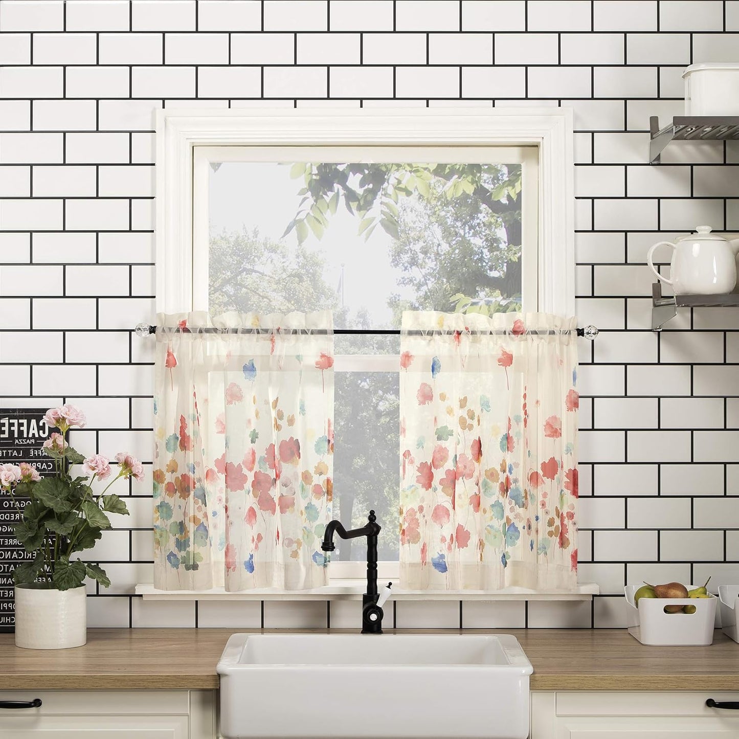 No. 918 Rosalind Watercolor Floral Semi-Sheer Kitchen Curtain Valance and Tiers Set, 54" x 24", Poppy Red