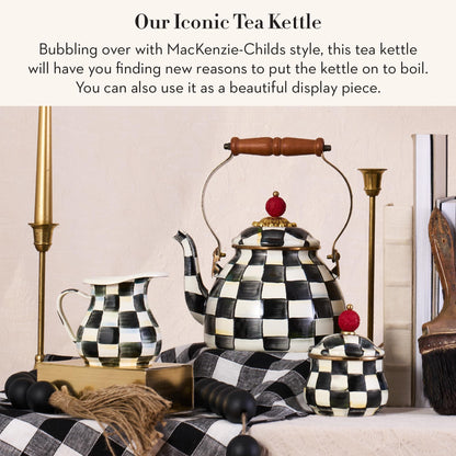 MACKENZIE-CHILDS Enamel Tea Kettle, Stylish Tea Kettle for Stovetop, Black-and-White Courtly Check, 2 Quarts