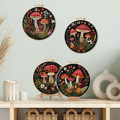 SCECALA 4 Pack Mushroom Embroidery Kit - Botanical Flower Floral Hand Embroidery Kit for Beginners with Pattern, Complete Cross Stitch Supplies DIY Craft for Adults Sewing Hobby, 1pc Hoops