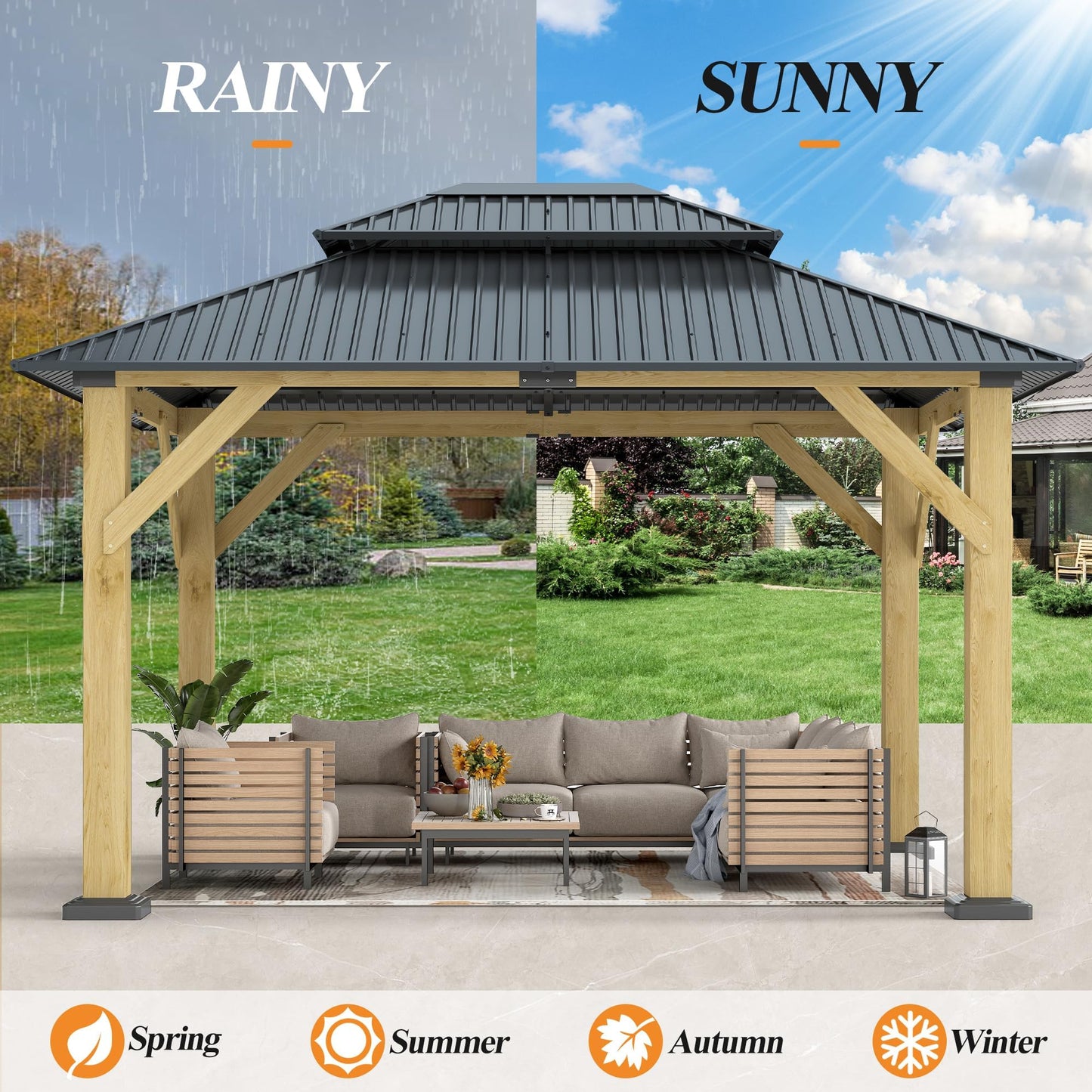 GARTOO 10' x 12' Outdoor Wooden Gazebo - Patio Hardtop Gazebo Permanent Wooden Pavilion with Galvanized Steel Double Roof, Wood Gazebos for Garden, Lawn, Poolside, Backyard Deck