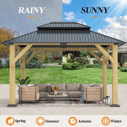 GARTOO 10' x 12' Outdoor Wooden Gazebo - Patio Hardtop Gazebo Permanent Wooden Pavilion with Galvanized Steel Double Roof, Wood Gazebos for Garden, Lawn, Poolside, Backyard Deck