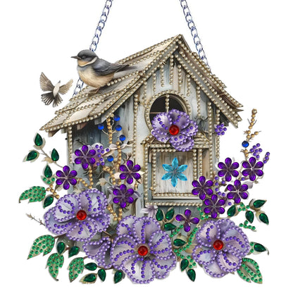Birdhouse Diamond Art Hanging Kit for Adult Flowers Bird,Special Shaped Rhinestone,DIY Acrylic 5D Diamond Art Painting Window Pendants Home Garden Wall Hanging Kits Hanging Ornament,Double-Sided