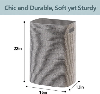 Large Gray Laundry Hamper, 16"x13"x22", Tall Woven Cotton Rope Basket for Dirty Clothes, Soft Laundry Bin, 75L