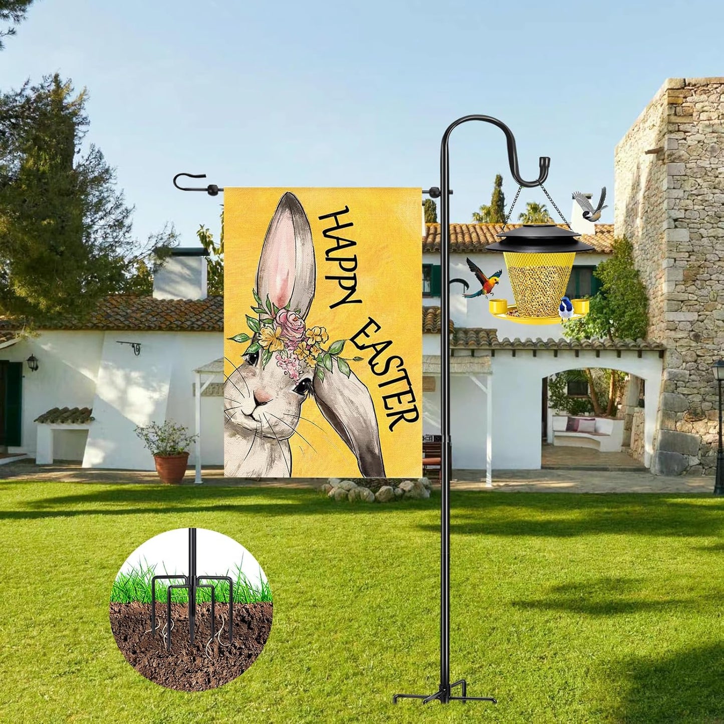 Skiennix Garden Flag Stand - Heavy Duty Holder for 12x18 Flags | 46-Inch Shepherd Hook for Patio & Yard Decor