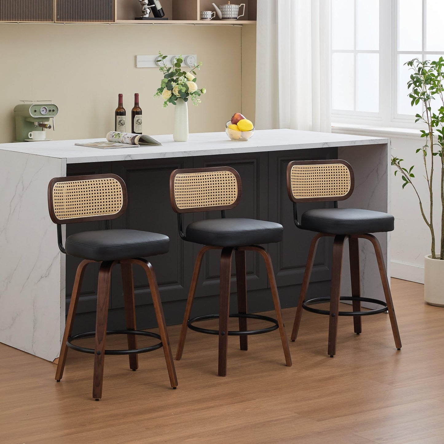 KEIKI Set of 3 Counter Height Bar Stools - 26 inch Rattan Counter Height Stools with Cane Back, Upholstered Seat, Walnut Craftsmanship, Swivel Counter Stools for Kitchen/Counter/Bar, Walnut, Black