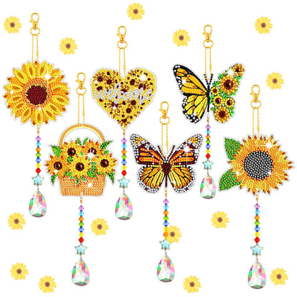Tradder 6 Pcs Sunflower Diamond Art Kits Suncatchers for Adults Sunflower Wind Chimes Double Sided Butterfly Ornaments with Crystal Pendant for Adults DIY Summer Home Garden Hanging Ornament