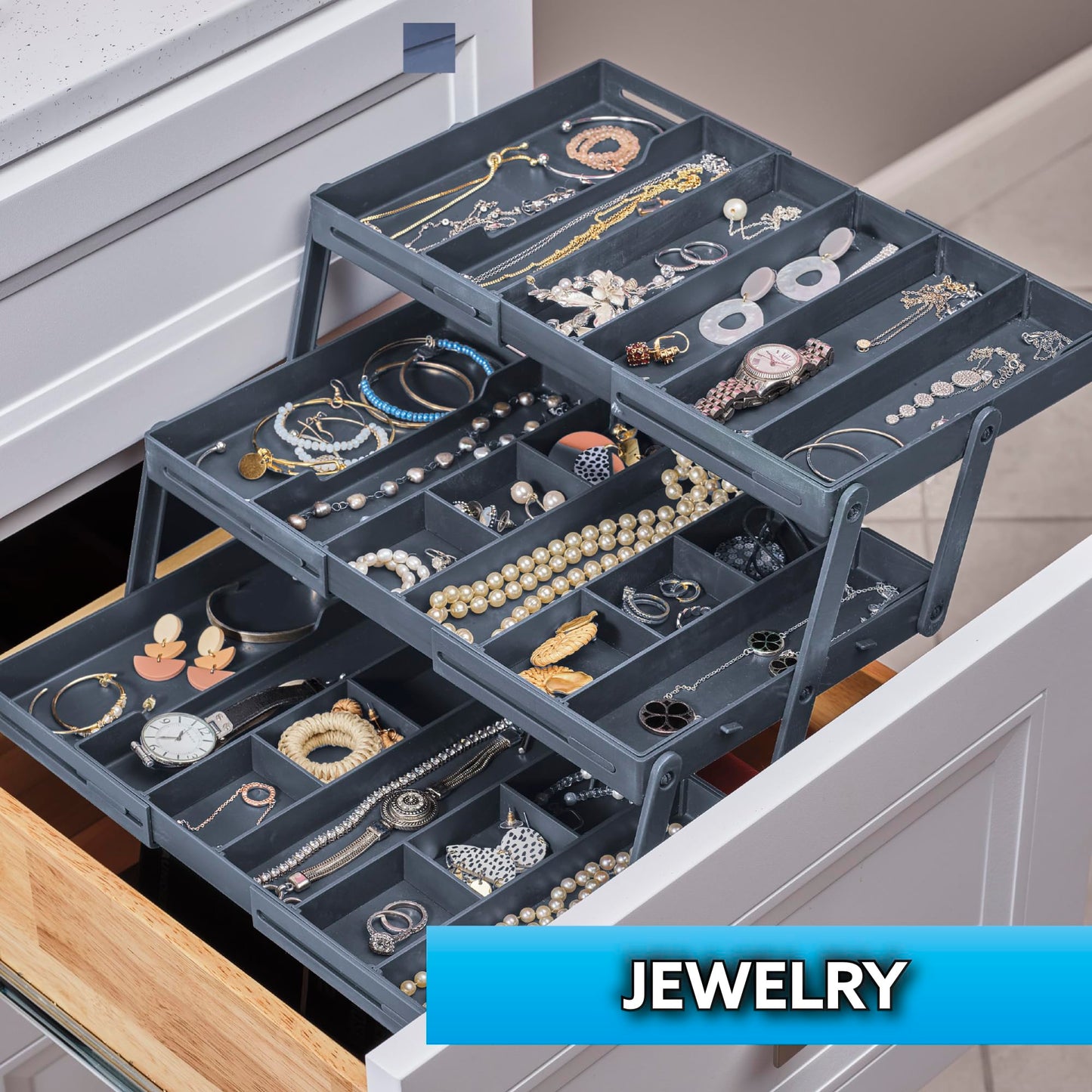 Ontel Smart Drawer Organizer - Multi-level Jewelry Holder, Cosmetics Organizer, or Office Drawer Organizer with Adjustable Dividers for Organization and Storage, Fits Drawers 9.5"W x 7.5"L x 2.75"D