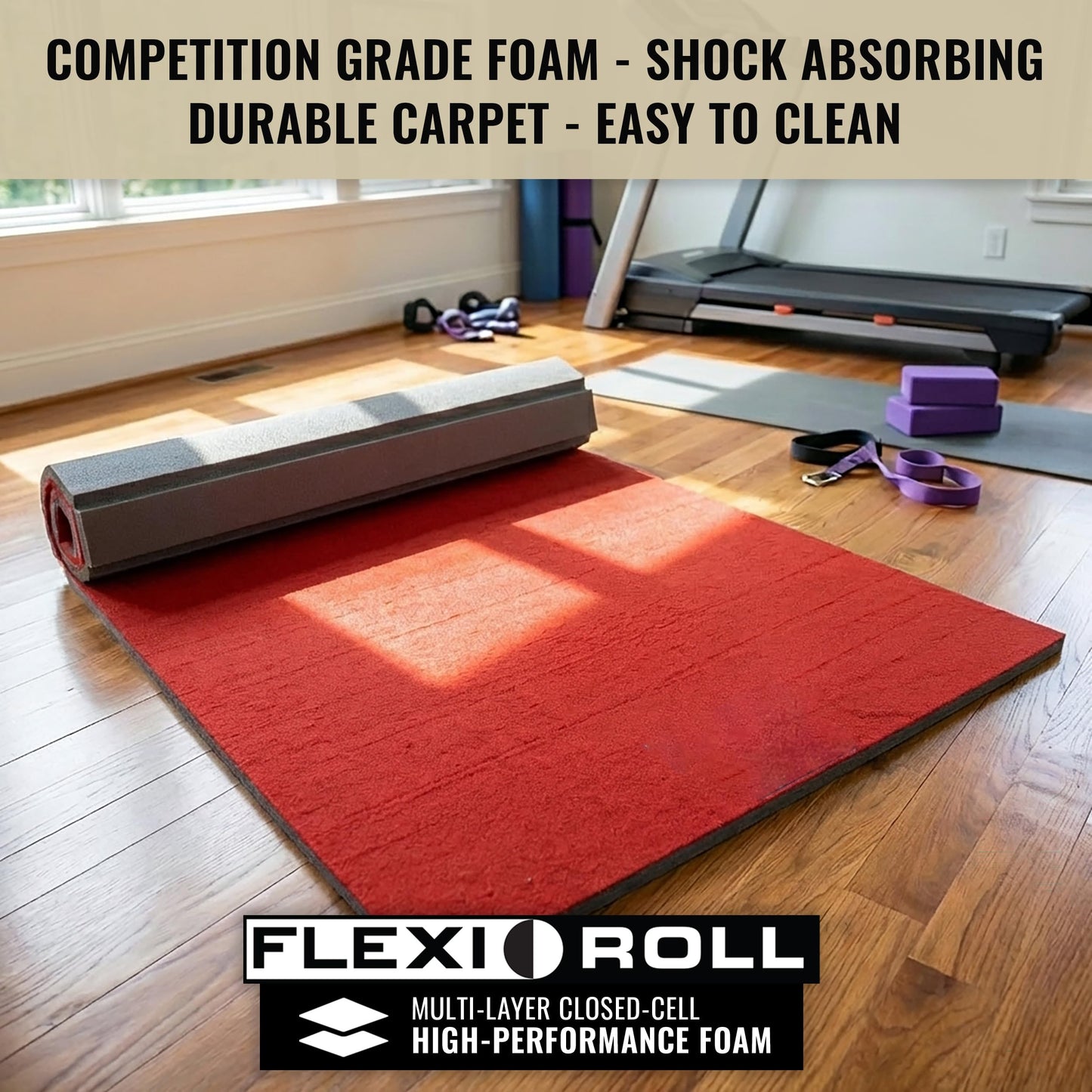 Dollamur 5'x10'x1-3/8" Gymnastics Mat, Red, Carpeted Mat for Tumbling and Cheerleading, FLEXI-Roll®