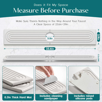 Eormoe Faucet Mat for Kitchen Sink – Diatomite Stone Drying Mat & Sink Protectors, Prevent Moisture – Sink Splash Guard Water-Absorbing Stone Tray for Bathroom Counter (Light Grey, 23.6" x 3.9")