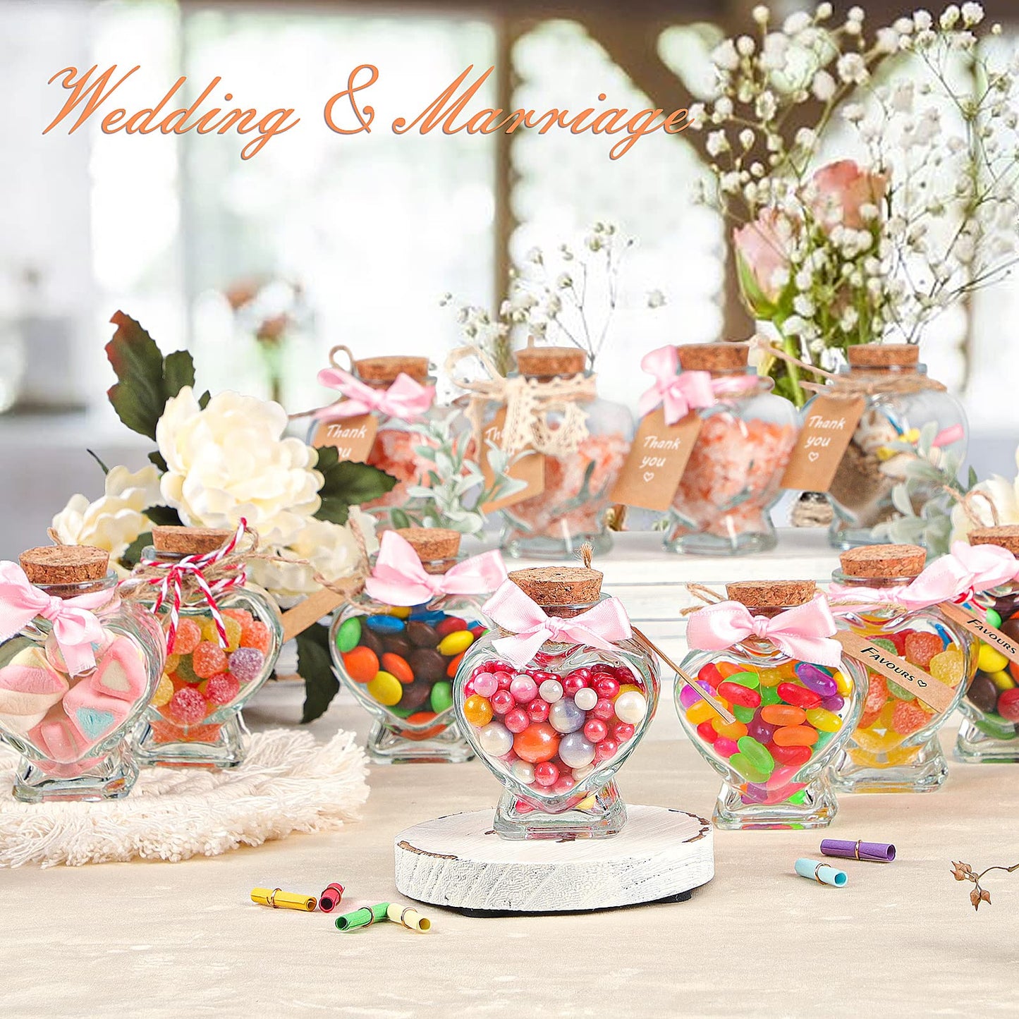 Honeymoon Sand Keepsake Jar 2026, 20 Pack Heart Shaped Spell Jars Coloured Paper Scrolls, DIY Gift for Valentine's Day, Small Glass Jars with Cork Lid for Baby Shower, Wedding Favor