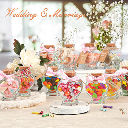 Honeymoon Sand Keepsake Jar 2026, 20 Pack Heart Shaped Spell Jars Coloured Paper Scrolls, DIY Gift for Valentine's Day, Small Glass Jars with Cork Lid for Baby Shower, Wedding Favor