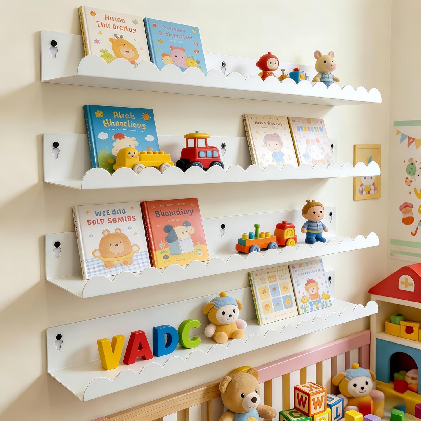24 Inch Set 4, Nursery Book Shelves of White Metal Floating Shelves for Wall, Scalloped Cloud Book Shelf for Kids Room