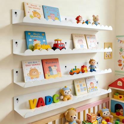 24 Inch Set 4, Nursery Book Shelves of White Metal Floating Shelves for Wall, Scalloped Cloud Book Shelf for Kids Room