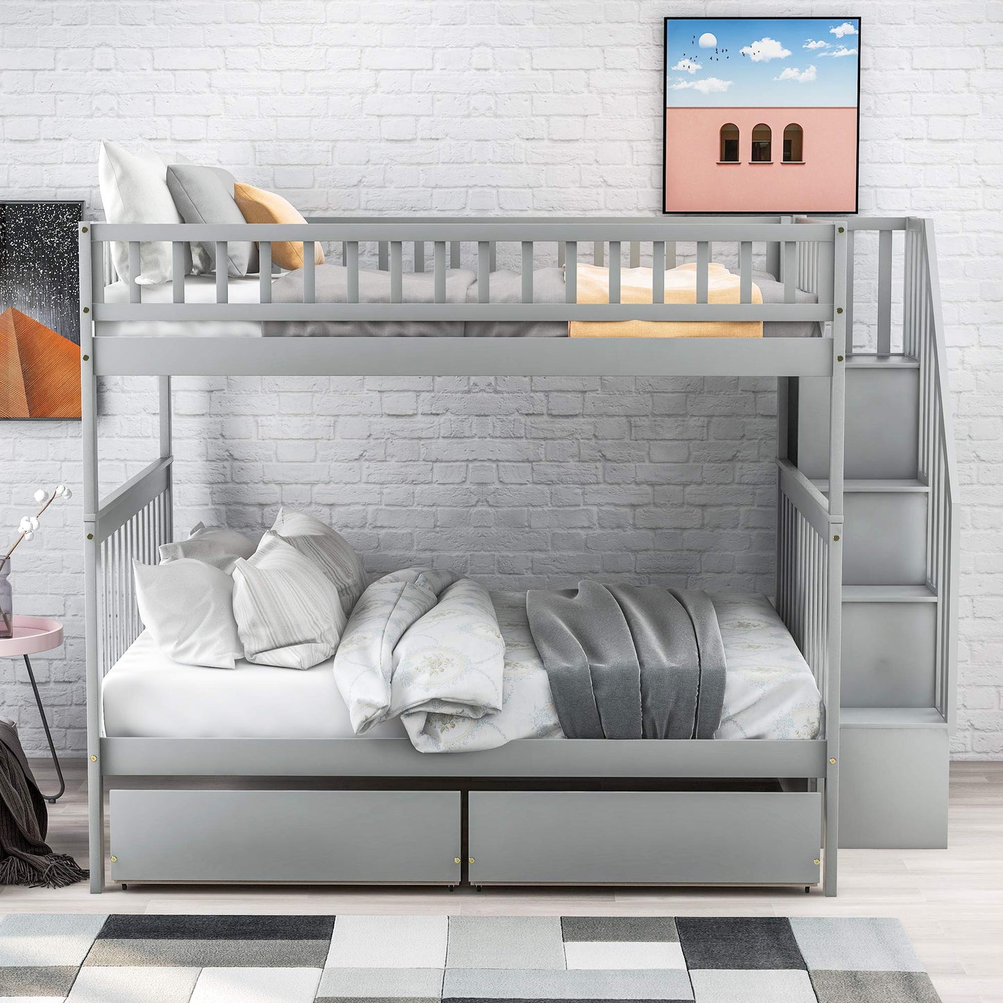 Favfurish Full-Over-Full Bunk Bed with Two Drawers and Storage,Wood Bed-Frame W/High Guardrail & Inclined Handrails,Bedroom Furniture for Children,Teens,Adults,Gray