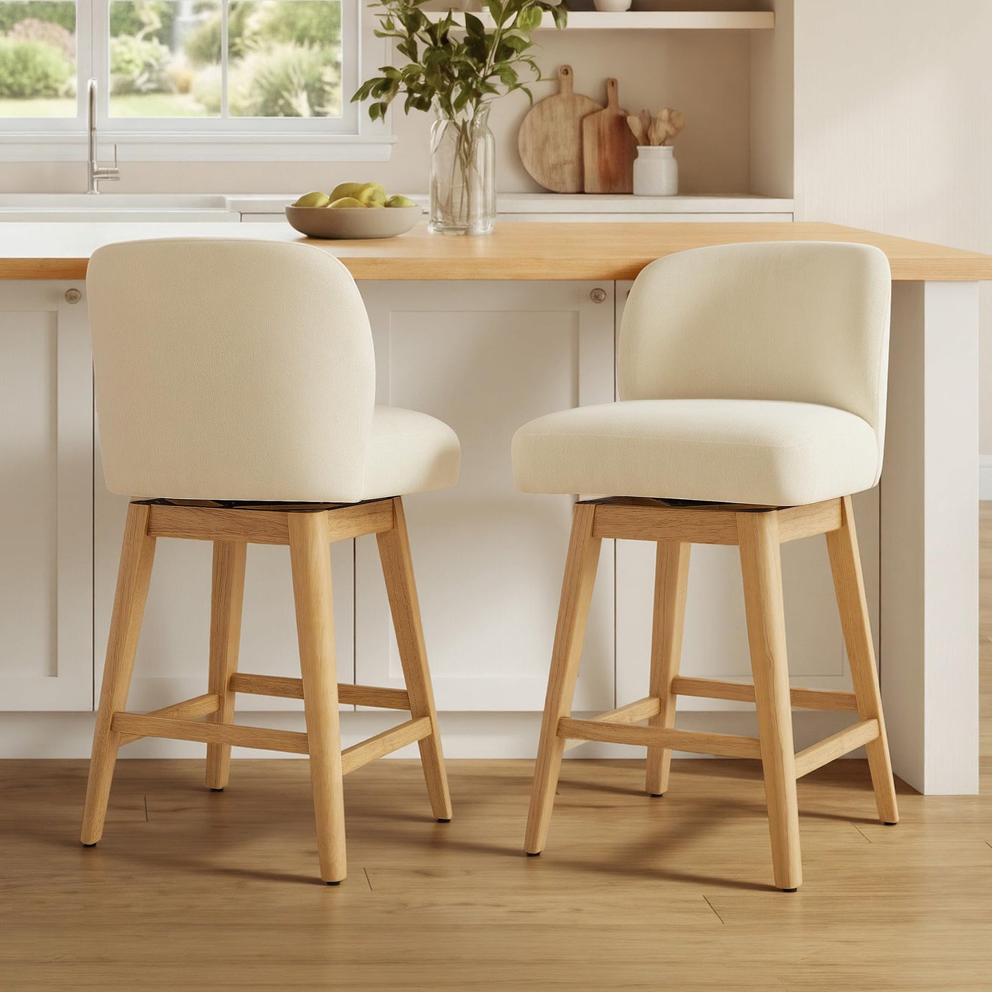 CHITA 26.8" Swivel Counter Height Bar Stools, Modern Upholstered Counter Stools with Back and Wood Legs for Kitchen Island, Home Bar, Set of 2, Cream Fabric