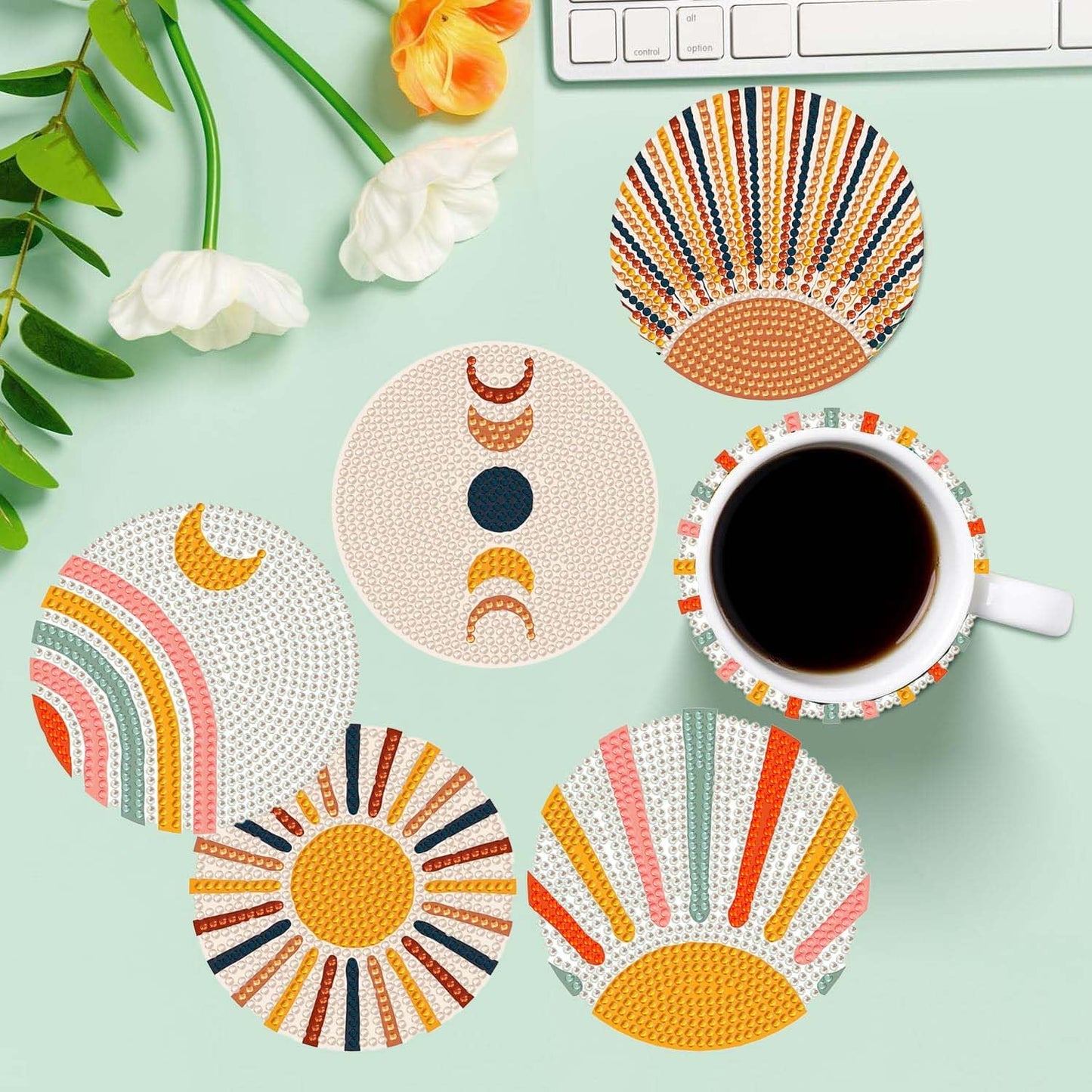 5D DIY Boho Minimalist Sun Moon Diamond Paintings Coasters with Holder for Adults Beginners, 6 pcs Round Full Drill Diamond Art Craft Supplies (Sun Moon QLBD-16)