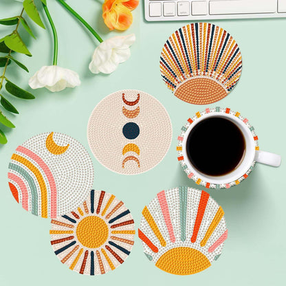 5D DIY Boho Minimalist Sun Moon Diamond Paintings Coasters with Holder for Adults Beginners, 6 pcs Round Full Drill Diamond Art Craft Supplies (Sun Moon QLBD-16)