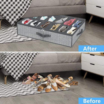 Under Bed Shoe Storage Organizer for Closet - Fits 24 Pairs, Set of 2 with Clear Cover (Herringbone Grey)