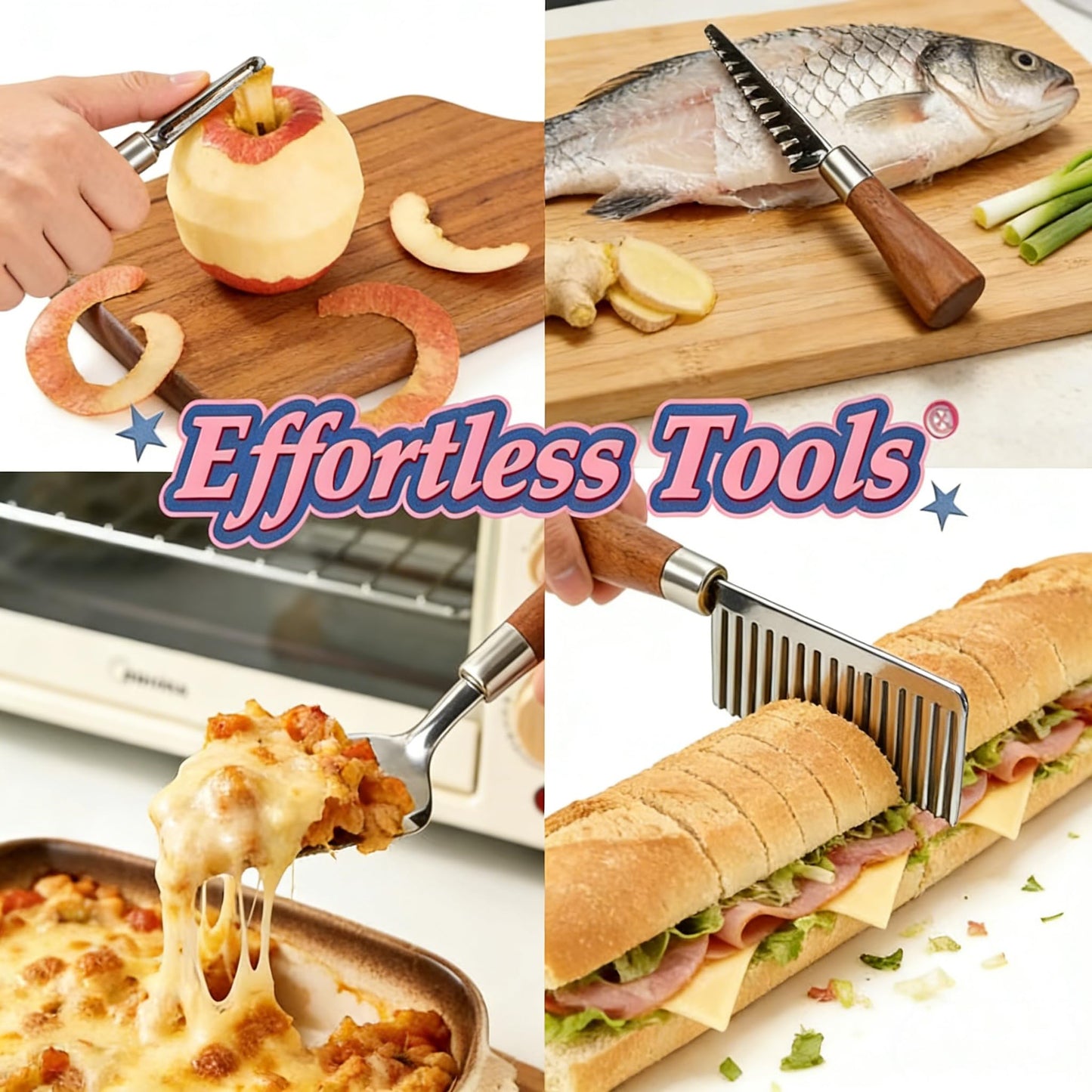 HIFIND 8PCS Stainless Steel Kitchen Gadget Set with Wood Grain Handles - Round Bottle Opener, Straight/Y Peelers, Fruit Scoop, Fruit Corer, Fruit Corer, Fruit Scaler, Cheese Spatula, Dough Cutter