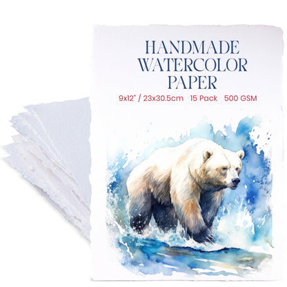 Wanderings Thick Handmade Watercolor Paper with Deckled Edge - 9" x 12" - 500GSM Premium White Cold-Pressed Textured Mixed Media Paper Made with Recycled Cotton - 15 Loose Leaf Sheets