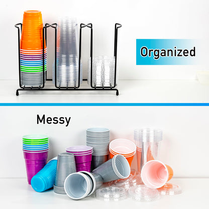 Inevibe Wire Frame Cup and Lid Organizer, 3 Compartment Metal Rack Design Storage Holder for Plastic, Coffee Beverage Cups